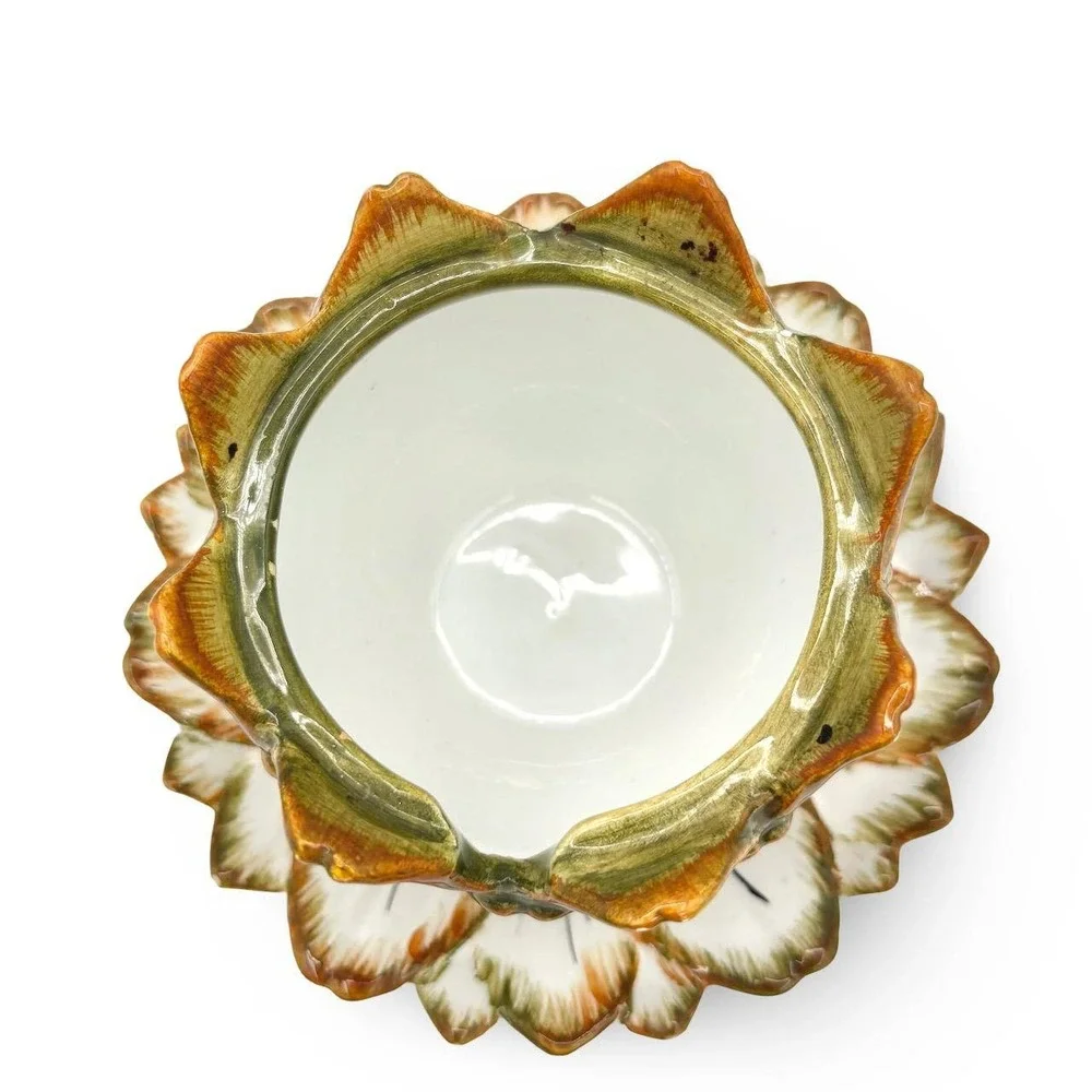 Vintage Artichoke Majolica Ceramic Pottery Sauce Bowl Lid Plate Italy Jam Jar